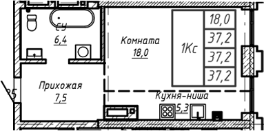 Планировка — Барнаул, 1-комн., 37 м²