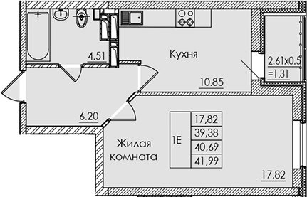Планировка — Регата, 1-комн., 39 м²