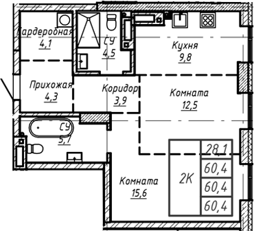 Планировка — Барнаул, 1-комн., 60 м²