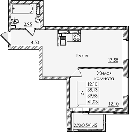 Планировка — Регата, 1-комн., 38 м²