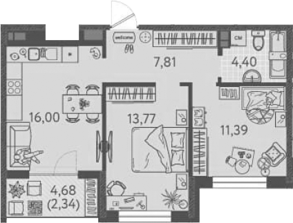 Планировка — Друзья, 2-комн., 53 м²