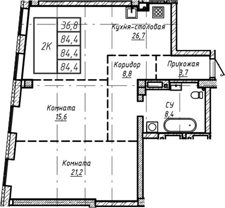 Планировка — Барнаул, 1-комн., 84 м²