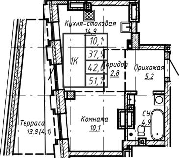Планировка — Барнаул, 1-комн., 52 м²