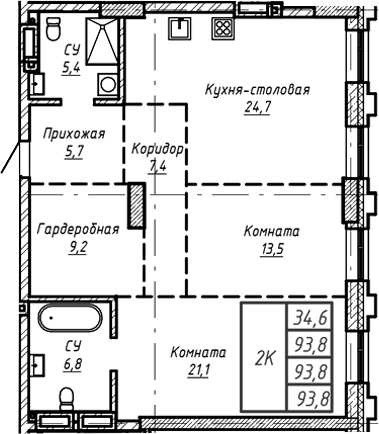 Планировка — Барнаул, 1-комн., 94 м²