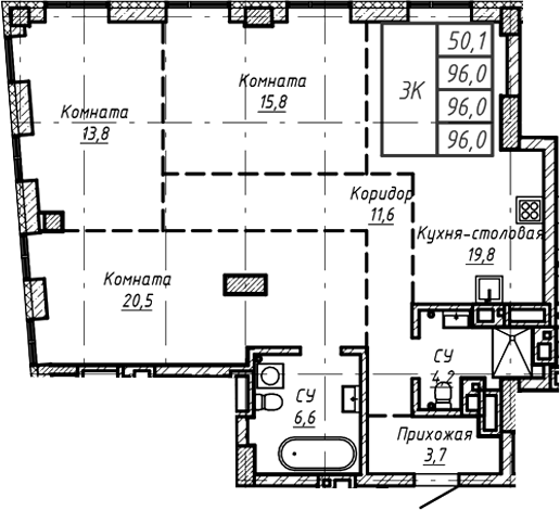 Планировка — Барнаул, 1-комн., 96 м²
