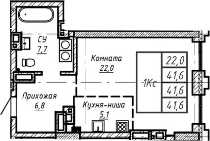 Планировка — Барнаул, 1-комн., 42 м²