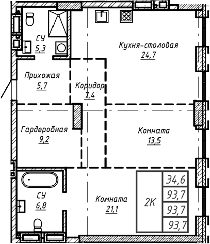Планировка — Барнаул, 1-комн., 94 м²