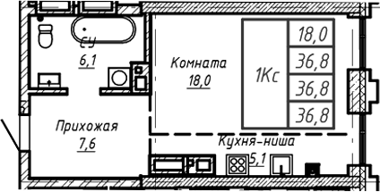 Планировка — Барнаул, 1-комн., 37 м²