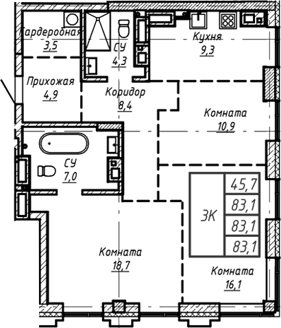Планировка — Барнаул, 1-комн., 83 м²