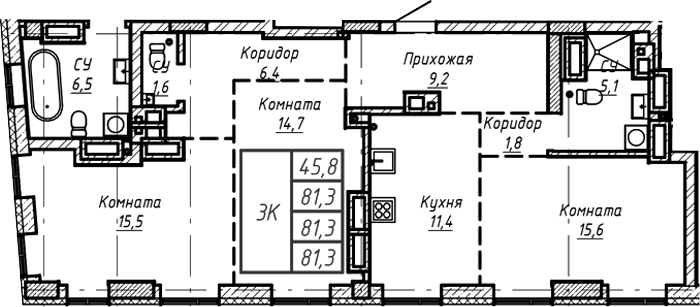 Планировка — Барнаул, 1-комн., 81 м²