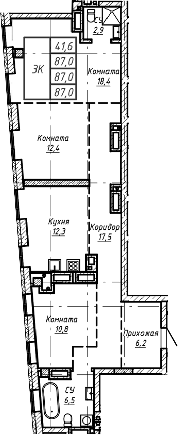 Планировка — Барнаул, 1-комн., 87 м²