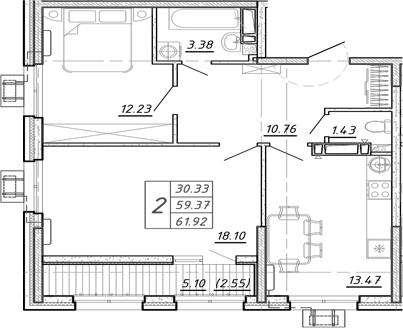 Планировка — FRAME, 2-комн., 59 м²