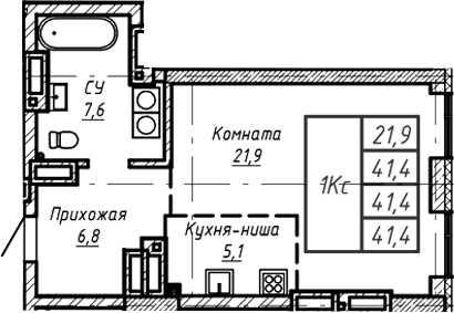 Планировка — Барнаул, 1-комн., 41 м²