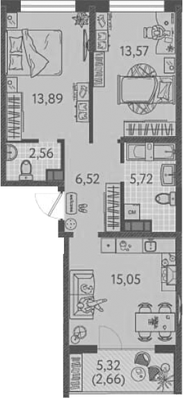 Планировка — Друзья, 2-комн., 57 м²