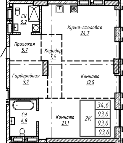 Планировка — Барнаул, 1-комн., 94 м²