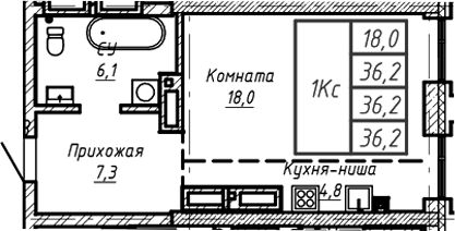 Планировка — Барнаул, 1-комн., 36 м²