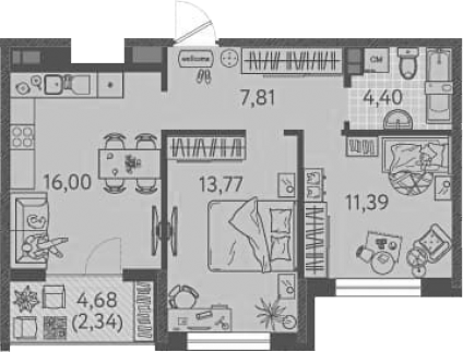Планировка — Друзья, 2-комн., 53 м²