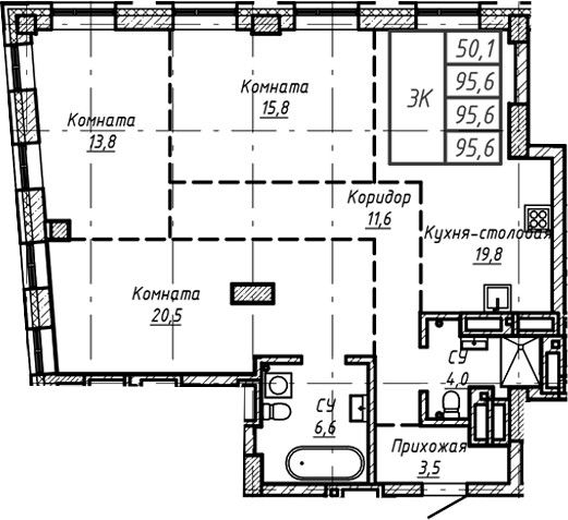 Планировка — Барнаул, 1-комн., 96 м²
