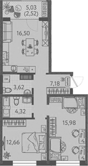 Планировка — Друзья, 2-комн., 59 м²