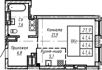 Планировка — Барнаул, 1-комн., 41 м²