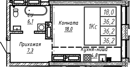 Планировка — Барнаул, 1-комн., 36 м²