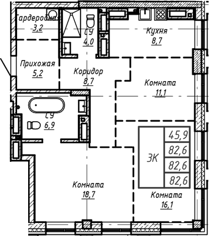 Планировка — Барнаул, 1-комн., 83 м²