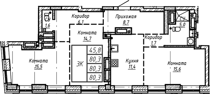 Планировка — Барнаул, 1-комн., 80 м²