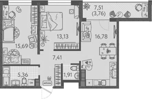Планировка — Друзья, 2-комн., 59 м²