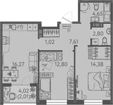 Планировка — Друзья, 2-комн., 60 м²