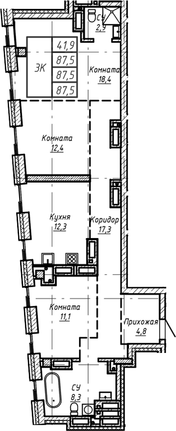 Планировка — Барнаул, 1-комн., 88 м²