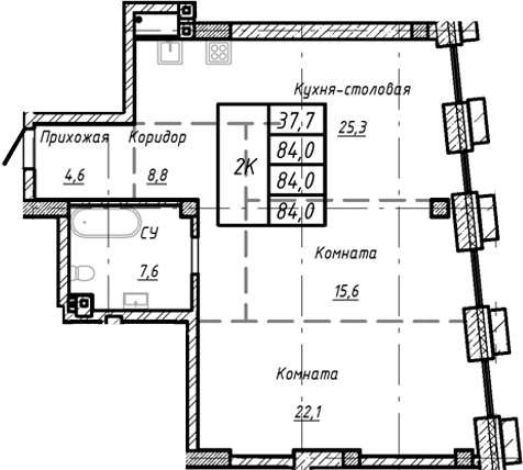 Планировка — Барнаул, 1-комн., 84 м²