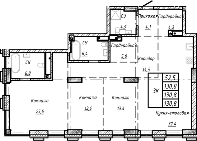 Планировка — Барнаул, 1-комн., 131 м²