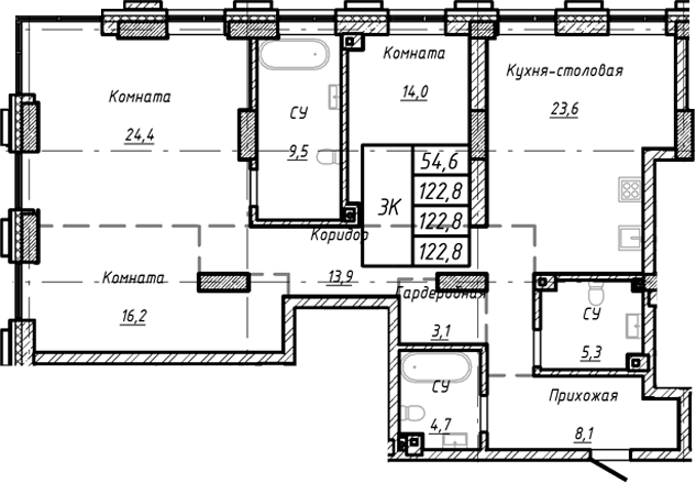 Планировка — Барнаул, 1-комн., 123 м²
