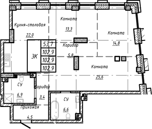 Планировка — Барнаул, 1-комн., 103 м²