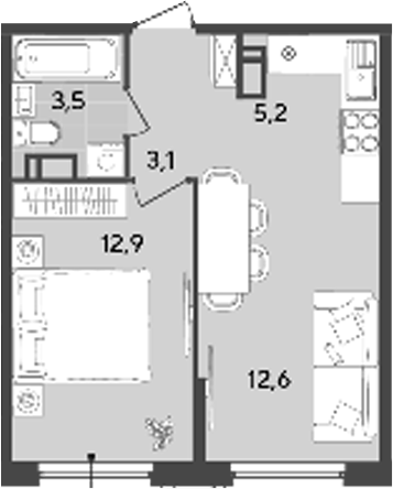 Планировка — Порто-Ново, 2-комн., 37 м²
