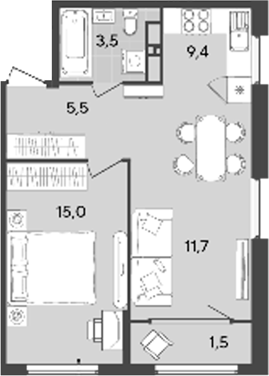 Планировка — Порто-Ново, 2-комн., 45 м²