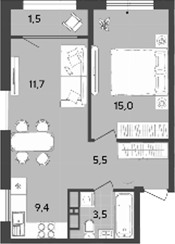 Планировка — Порто-Ново, 2-комн., 45 м²