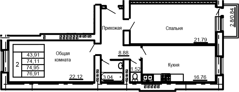 Планировка — Сиреневый квартал, 2-комн., 77 м²