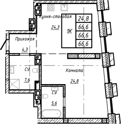 Планировка — Барнаул, 1-комн., 67 м²