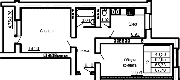 Планировка — Сиреневый квартал, 2-комн., 64 м²
