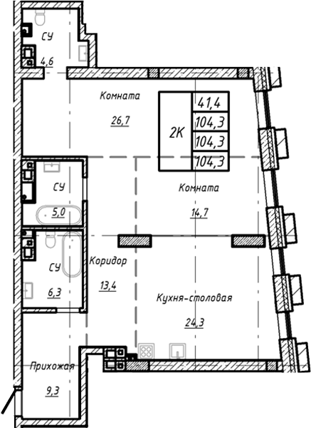 Планировка — Барнаул, 1-комн., 104 м²