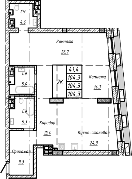 Планировка — Барнаул, 1-комн., 104 м²