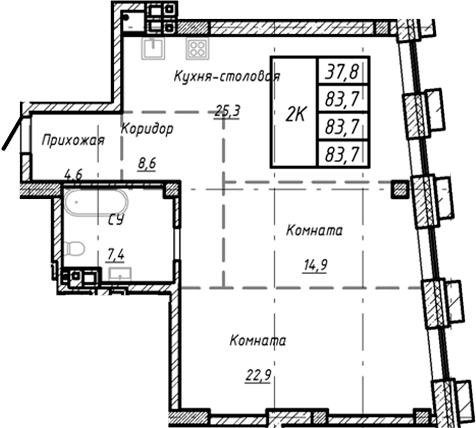 Планировка — Барнаул, 1-комн., 84 м²