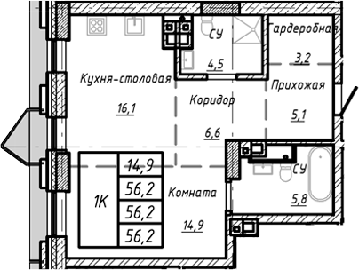Планировка — Барнаул, 1-комн., 56 м²