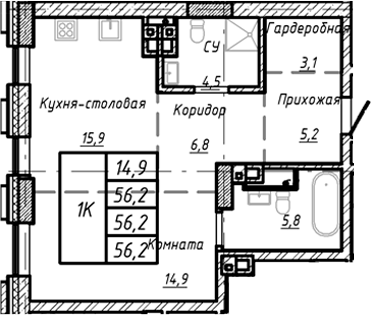 Планировка — Барнаул, 1-комн., 56 м²