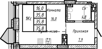 Планировка — Барнаул, 1-комн., 36 м²