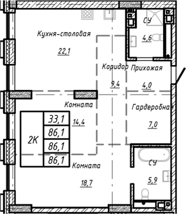 Планировка — Барнаул, 1-комн., 86 м²
