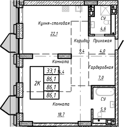 Планировка — Барнаул, 1-комн., 86 м²