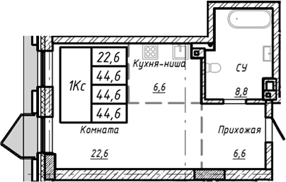 Планировка — Барнаул, 1-комн., 45 м²