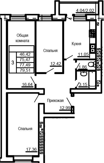 Планировка — Сиреневый квартал, 3-комн., 75 м²